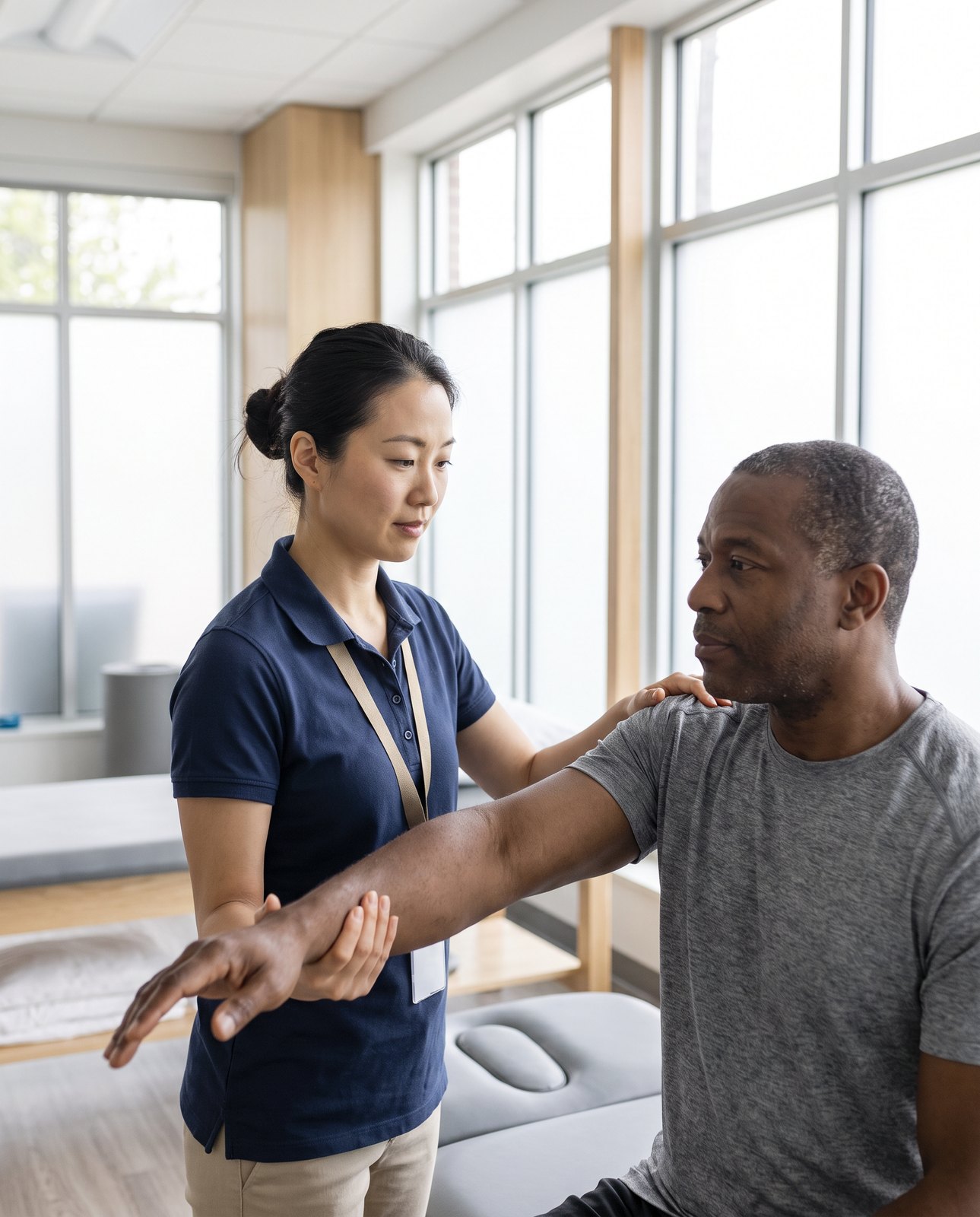 A physical therapist assesses a patient's shoulder range of motion in a clinic