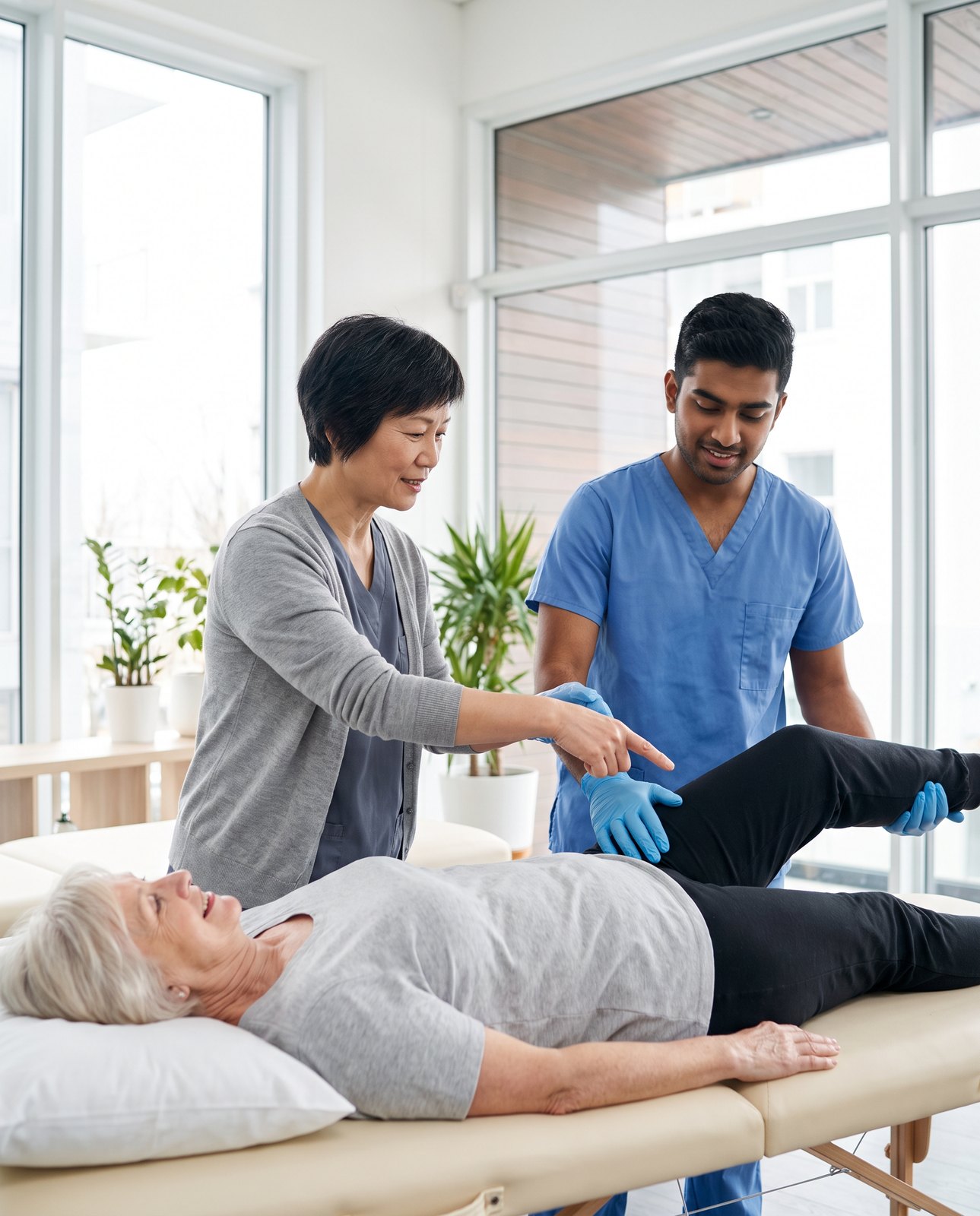 A clinical mentor guides an intern's hand placement while a patient performs a supported hip exercise