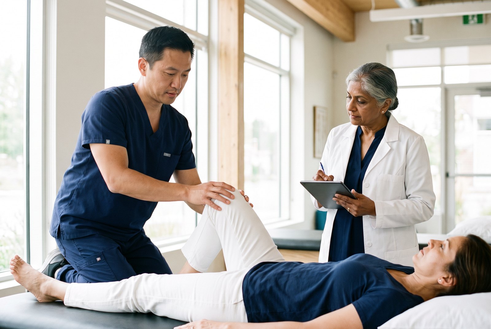 A clinician performs a hands-on knee examination while an examiner observes with a tablet